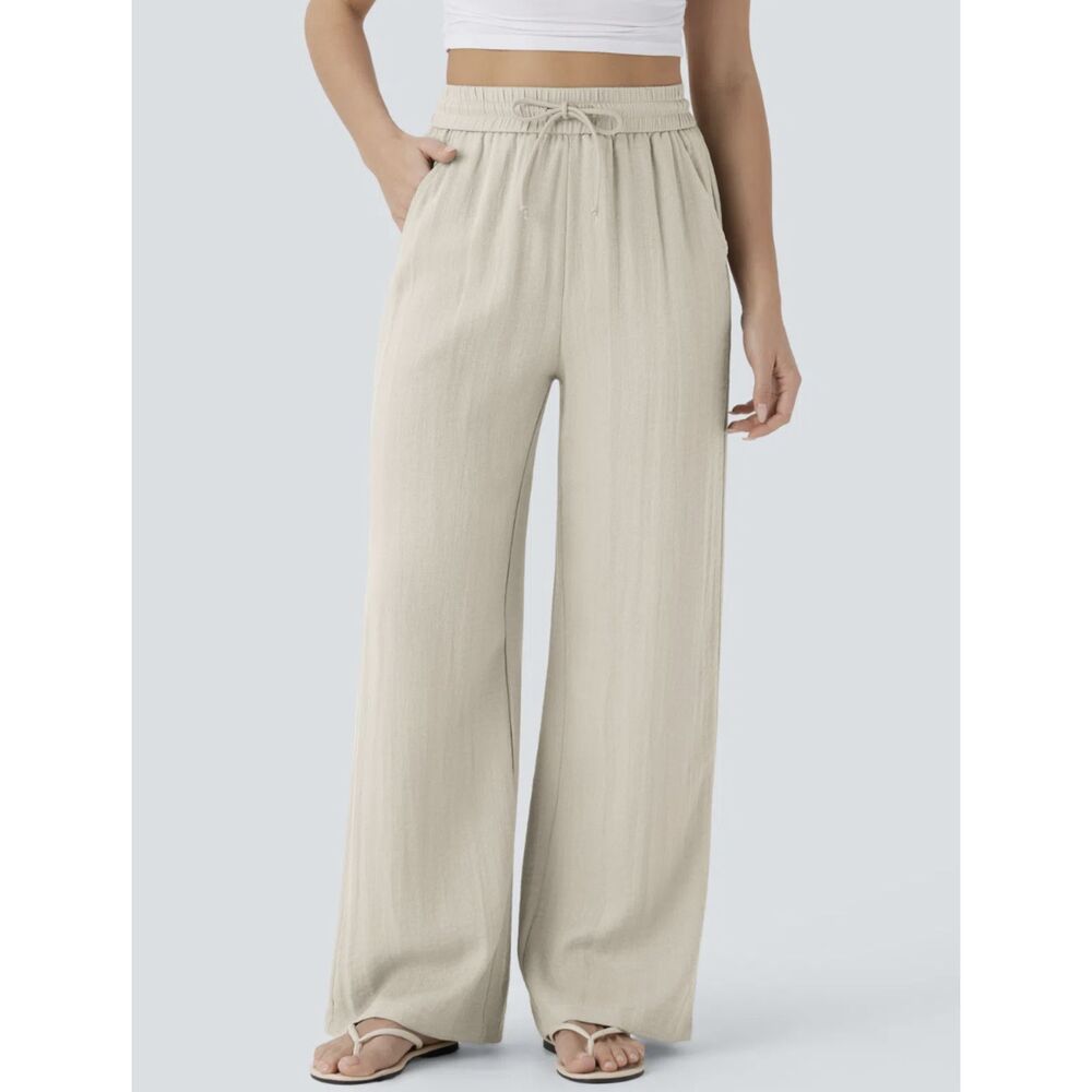 Halara High Waisted Drawstring Wide Leg Baggy Casual Linen-Feel Pants (S)
